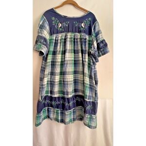 Vintage NightGown Plaaid Womens M/L House Dress Cottage Praire Embroidered